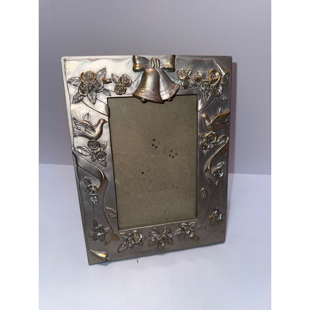 Vintage Pewter Tone Wedding Bell Dove Rose Floral 5x3.5 Picture Frame Silver Gol